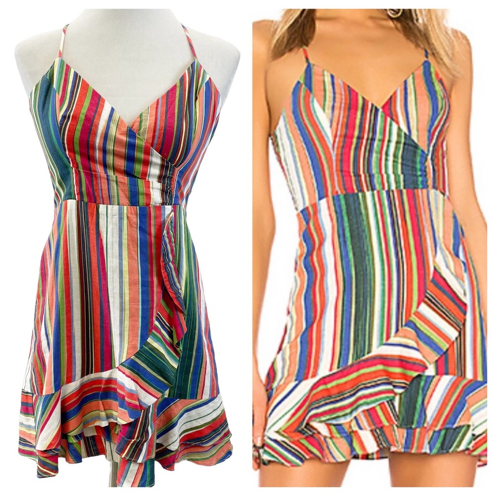 Parker Jay Dress Mini Amalfi Stripe Linen Blend Ruffled Multicolor Women's 8